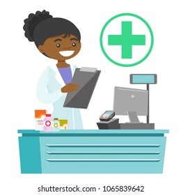 African-american pharmacist holding a prescription and writing notes. Pharmacist in medical gown standing behind the counter and reading a prescription. Vector cartoon illustration. Square layout.