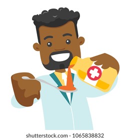 African-american pharmacist pouring cough syrup into spoon. Smiling male pharmacist in medical gown pouring medicine from a bottle into a measuring spoon. Pharmacy concept. Vector cartoon illustration