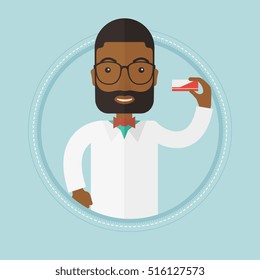 An african-american pharmacist showing some medicine. Young smiling male pharmacist holding a box of pills. Vector flat design illustration in the circle isolated on background.