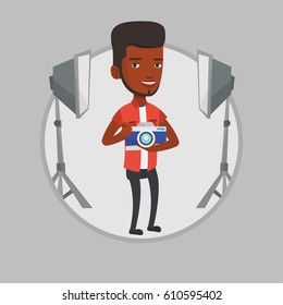 African-american photographer using professional camera in the studio. Young photographer holding a camera in photo studio. Vector flat design illustration in the circle isolated on background.