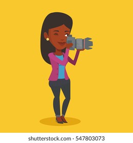 An african-american photographer working with digital camera. Female photographer taking a photo. Young photographer taking a picture. Vector flat design illustration. Square layout.