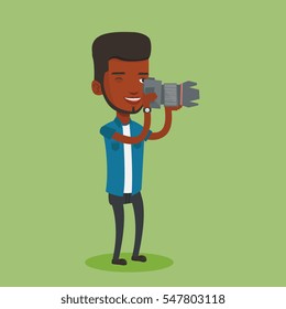 An african-american photographer working with digital camera. Professional photographer taking a photo. Young photographer taking a picture. Vector flat design illustration. Square layout.