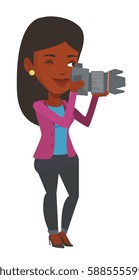 African-american photographer working with digital camera. Female photographer taking a photo. Young photographer taking a picture. Vector flat design illustration isolated on white background.