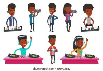 African-american photographer working with digital camera. Photographer taking a photo. Young photographer taking a picture. Set of vector flat design illustrations isolated on white background.