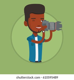 African-american photographer working with digital camera. Photographer taking a photo. Smiling photographer taking a picture. Vector flat design illustration in the circle isolated on background.