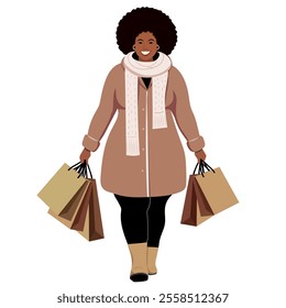 African-American plus size woman with beige packages in her hands. Ecological package from the store. Shopping. Vector illustration.