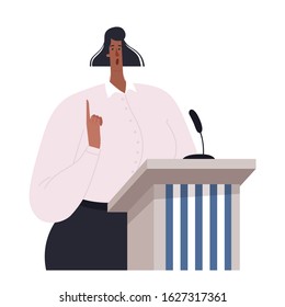 African-american Politician Woman Speaking To Audience From Tribune. Young Girl Politician Standing Behind The Tribune And Giving A Speech. Vector Flat Design Cartoon Illustration