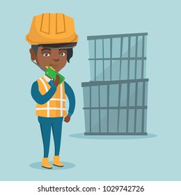 African-american port worker in hard hat talking on wireless radio. Port worker standing on the background of cargo containers and using wireless radio. Vector cartoon illustration. Square layout.