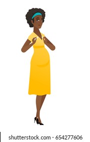 African-american pregnant woman with a broken cigarette. Young pregnant woman breaking a cigarette. Stop smoking and pregnancy concept. Vector flat design illustration isolated on white background.