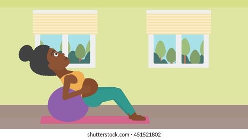 An african-american pregnant woman doing exercises with ball indoor. Young pregnant woman doing exercises lying on fitball. Vector flat design illustration. Horizontal layout.