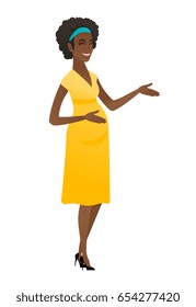 African-american pregnant woman gesturing. Full length of pregnant woman gesturing with her hands. Pregnant woman laughing and gesturing. Vector flat design illustration isolated on white background.