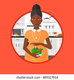 An african-american pregnant woman holding bowl with vegetables and fruits on the background of kitchen. Concept of healthy nutrition during pregnancy. Vector flat design illustration in the circle.