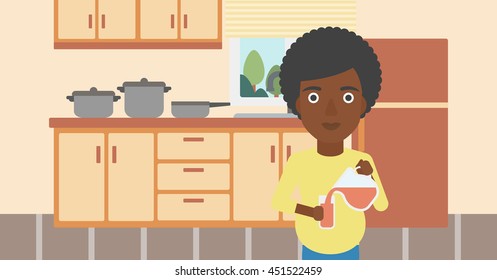 An african-american pregnant woman pouring juice in glass. Pregnant woman drinking juice. Concept of healthy nutrition during pregnancy. Vector flat design illustration. Horizontal layout.