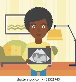An african-american pregnant woman standing with ultrasound image on the background of living room. Pregnant woman showing ultrasound photo. Vector flat design illustration. Square layout.