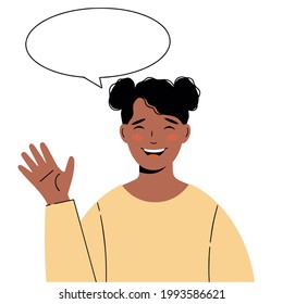 African-American pretty girl. Illustration of black woman with a greeting gesture. Girl says Hello!