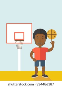 An african-american professional basketball player spinning ball on his finger vector flat design illustration. Vertical poster layout with a text space.