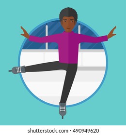 An African-american Professional Male Figure Skater Performing On Ice Skating Rink. Young Ice Skater Dancing. Man On Skates Indoor. Vector Flat Design Illustration In The Circle Isolated On Background