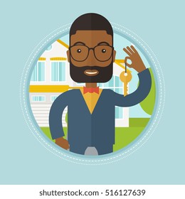 An african-american real estate agent holding key. Real estate agent showing keys in front of house. Happy new owner of a house. Vector flat design illustration in the circle isolated on background.