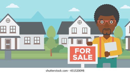 An african-american real estate agent offering the house. Male broker with placard for sale and documents in hands standing in front of the house. Vector flat design illustration. Horizontal layout.