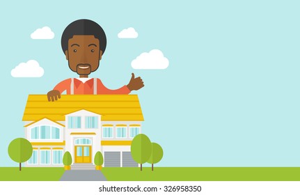 An african-american real estate agent standing behind the house with thumbs up vector flat design illustration. Horizontal layout with a text space.