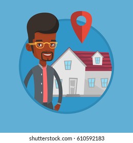 African-american real estate agent standing on the background of map pointer above the house. Real estate agent offering the house. Vector flat design illustration in the circle isolated on background