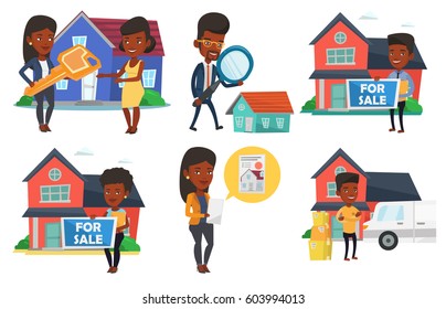 African-american realtor offering the house. Realtor with placard for sale and documents standing on the background of house. Set of vector flat design illustrations isolated on white background.