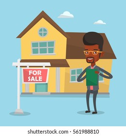 African-american realtor signing home purchase contract. Realtor standing in front of the house with placard for sale. Realtor selling a house. Vector flat design illustration. Square layout.