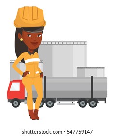 African-american refinery worker of oil and gas industry. Refinery worker in hard hat and uniform standing on the background of fuel truck. Vector flat design illustration isolated on white background