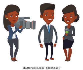 African-american reporter with microphone interviews a woman. Operator filming interview. Journalist making interview with businesswoman. Vector flat design illustration isolated on white background.