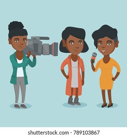 African-american reporter with a microphone interviews a woman and young operator filming an interview. Journalist making an interview with a business woman. Vector cartoon illustration. Square layout