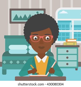 An african-american reporter sitting at the table and writing an article in writing-pad on the background of bedroom vector flat design illustration. Square layout.