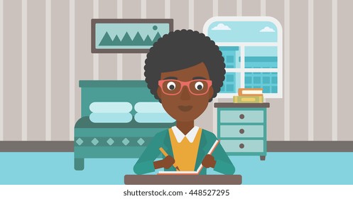 An african-american reporter sitting at the table and writing an article in writing-pad on the background of bedroom vector flat design illustration. Horizontal layout.