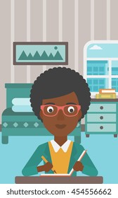 An african-american reporter sitting at the table and writing an article in writing-pad on the background of bedroom vector flat design illustration. Vertical layout.