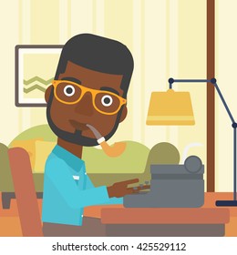 An african-american reporter writing an article on typewriter and smoking pipe on the background of living room vector flat design illustration. Square layout.