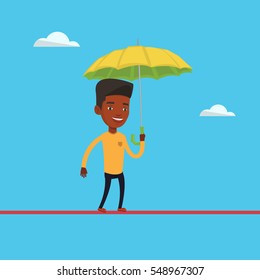 African-american risky businessman walking across a high rope with umbrella in hand. Risky businessman balancing on a tightrope. Business risk concept. Vector flat design illustration. Square layout.