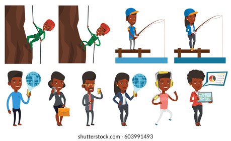 African-american rock climber in action. Rock climber in protective helmet climbing on rock. Man climbing in mountains with rope. Set of vector flat design illustrations isolated on white background.