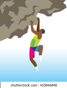 African-American rock climber ascends a steep rock