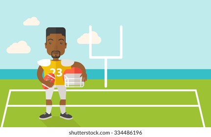 An african-american rugby player with ball and helmet in hands standing on the stadium vector flat design illustration. Horizontal layout with a text space for a social media post.