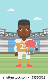An african-american rugby player with the beard holding ball and helmet in hands. Male rugby player in uniform standing on rugby stadium. Vector flat design illustration. Vertical layout.