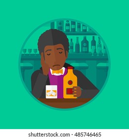 Un hombre triste afroamericano sentado en la mesa con una botella y una copa en el restaurante. Joven bebiendo en el bar. Ilustración de diseño plana vectorial en el círculo aislado en el fondo.