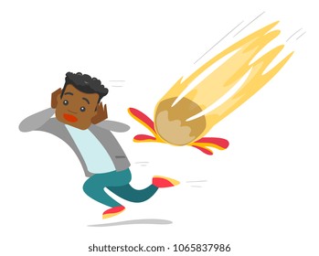 African-american scared man running from falling meteorite. Man trying to escape a burning meteorite. Space danger concept. Vector cartoon illustration isolated on white background. Square layout.