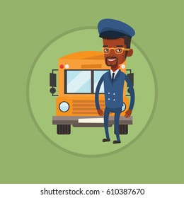 African-american school bus driver standing in front of yellow bus. Smiling school bus driver in uniform. Happy school bus driver. Vector flat design illustration in the circle isolated on background.