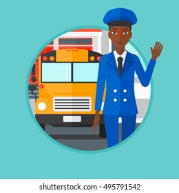 An african-american school bus driver in uniform waving. Young female school bus driver standing in front of yellow bus. Vector flat design illustration in the circle isolated on background.