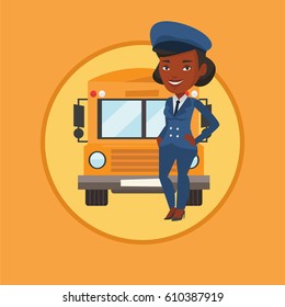 African-american school driver standing in front of yellow bus. Smiling school bus driver in uniform. Cheerful school bus driver. Vector flat design illustration in the circle isolated on background.