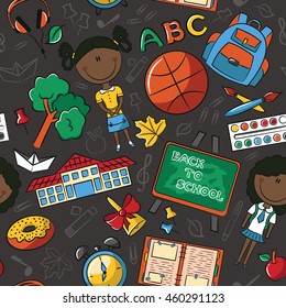 African-American school girls with tools and education objects vector seamless pattern. Teaching kids background. 
