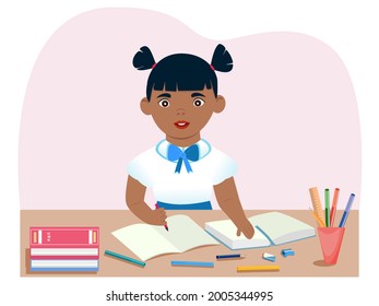 African-American schoolgirl. Girl sitting at desk with school supplies, book, notebook, pencil, pen, marker. Cartoon style.