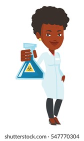 African-american scientist in medical gown. Scientist holding flask with biohazard sign. Scientist showing a flask with some liquid in it. Vector flat design illustration isolated on white background.