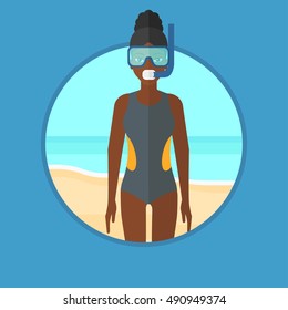 An african-american scuba diver in diving suit, flippers, mask and tube standing on the beach. Young woman enjoying snorkeling. Vector flat design illustration in the circle isolated on background.