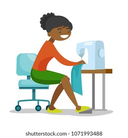 African-american seamstress sewing on an industrial sewing machine. Young seamstress at work in a cloth factory. Fashion and tailoring concept. Vector cartoon illustration isolated on white background