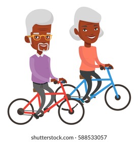 African-american senior couple riding a bicycles. Retired couple having fun while riding a bicycles. Couple enjoying walk with bicycles. Vector flat design illustration isolated on white background.